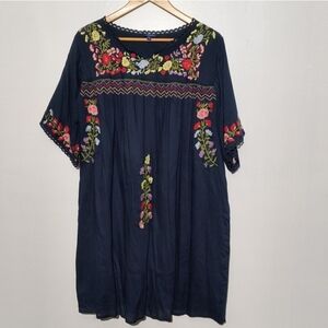 Indira Floral Embroidered Navy Dress Size XL
